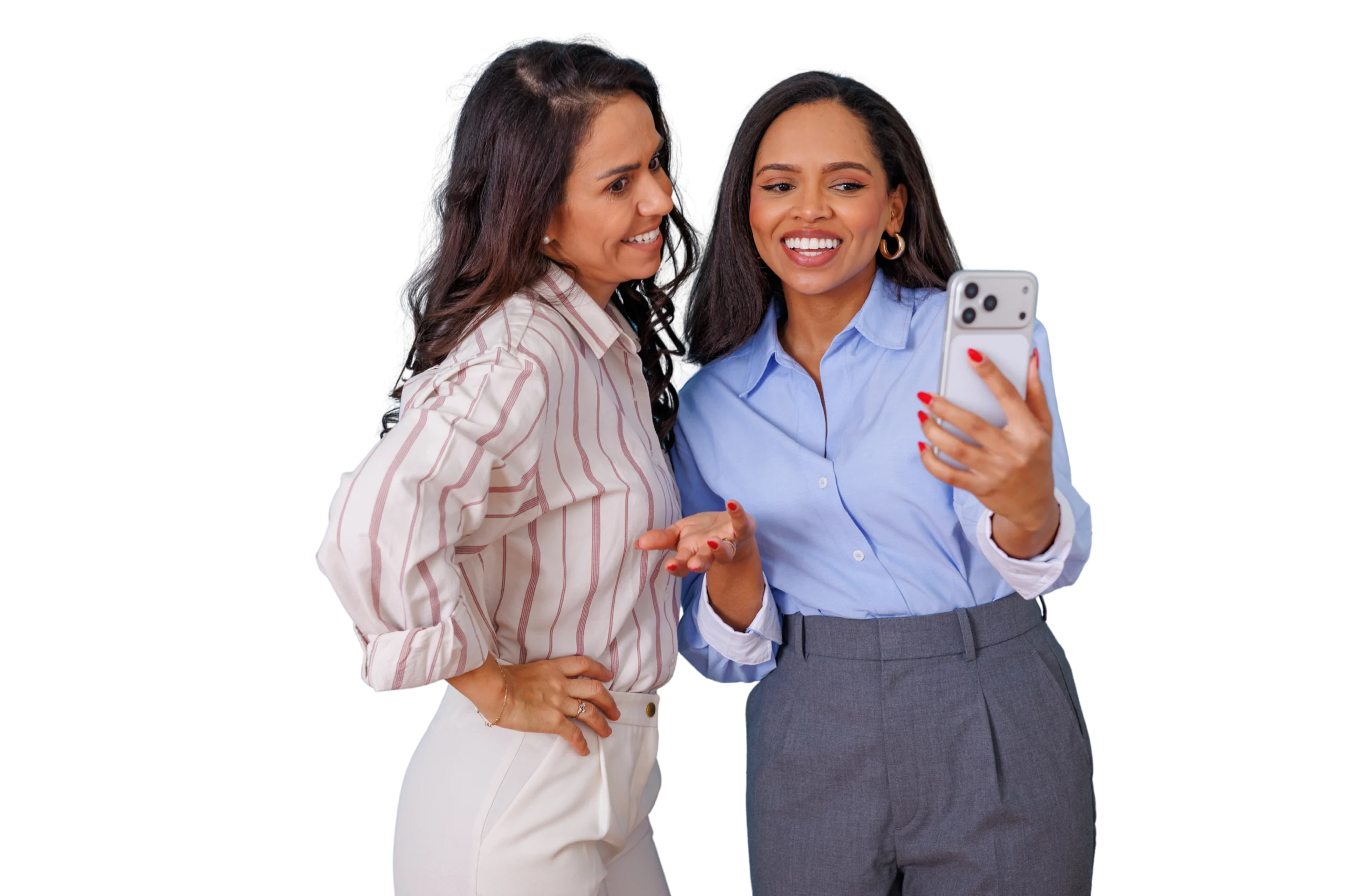 Two colleagues smiling as they look at a phone together
