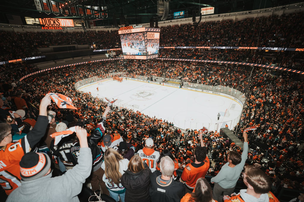 A photo of Honda Center full of Ducks fans preparing for a power play (by participating in a Quack chant, of course).