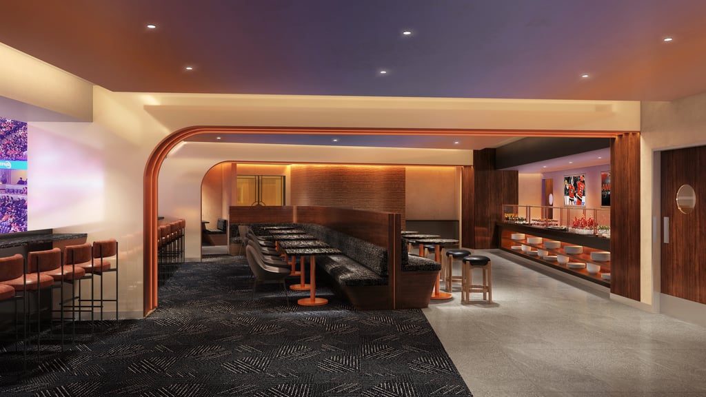 A rendering of the dining room and bar inside the new Reserve Club at Honda Center.