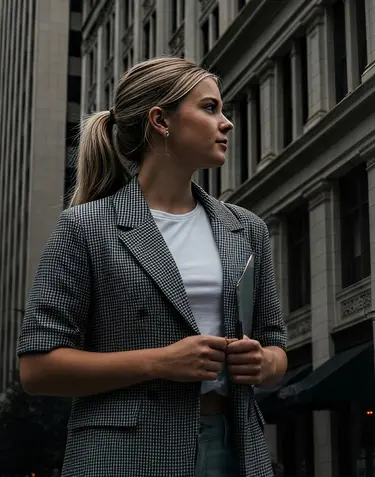 Agent in a checked blazer on a city street
