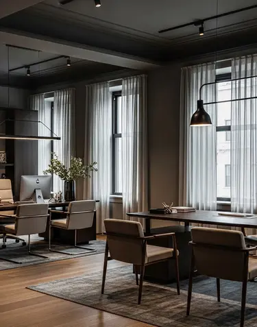 Dining and lounge area with a pendant light