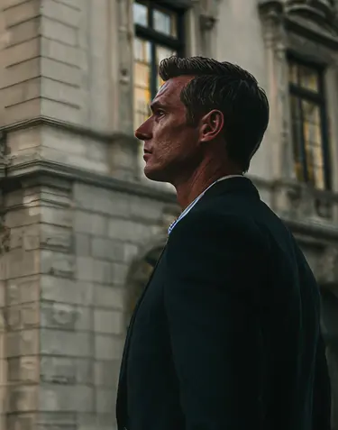 Agent in a dark suit against a building facade