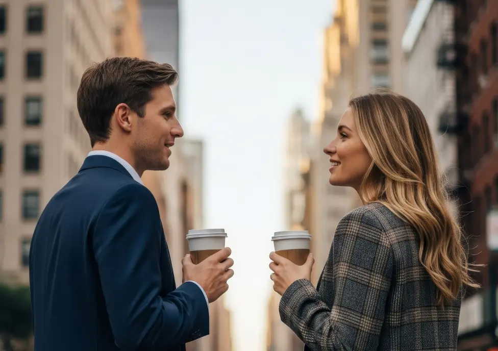 Couple with coffee on a city street