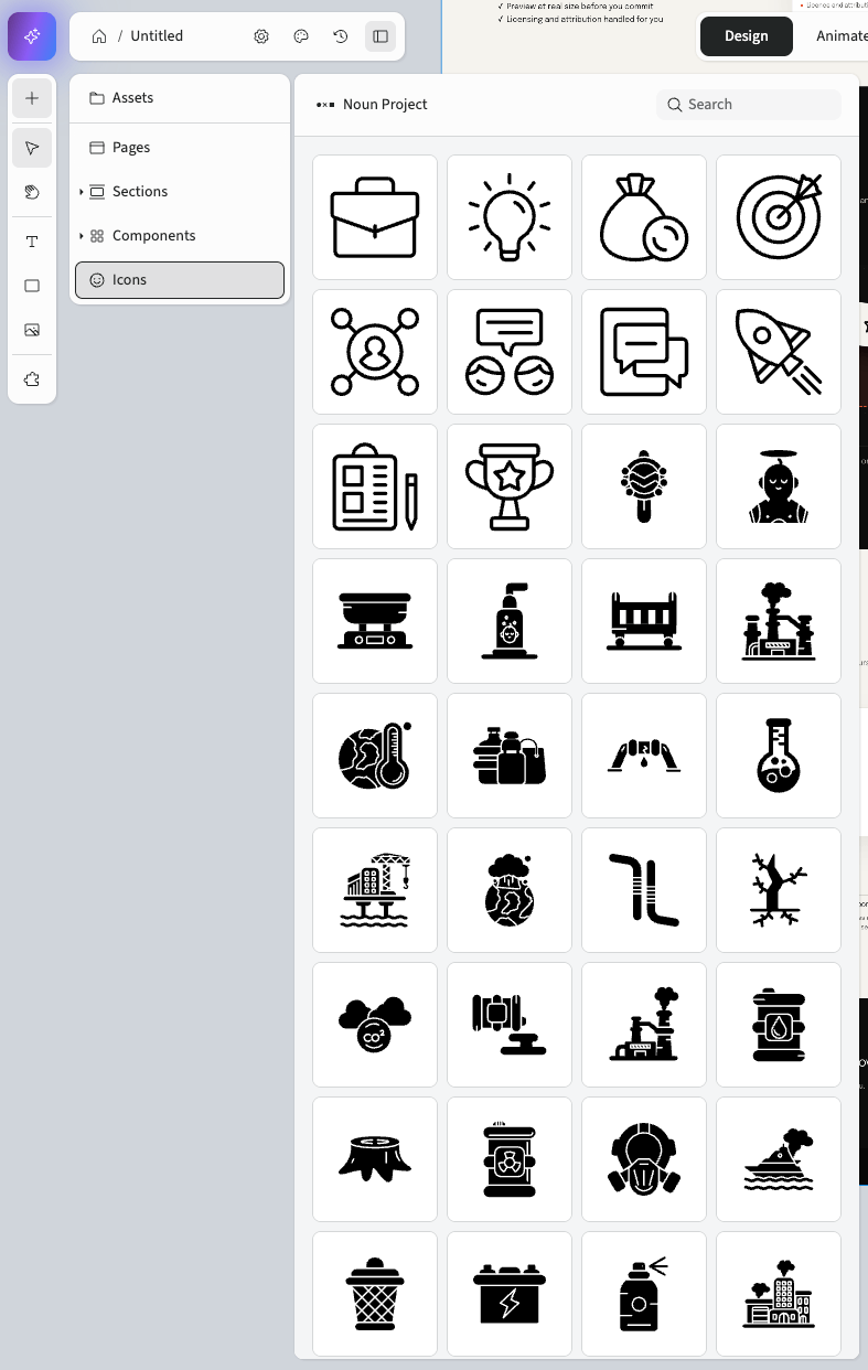 The Flex editor with the Assets panel open on Icons,showing the Noun Project search and icon grid
