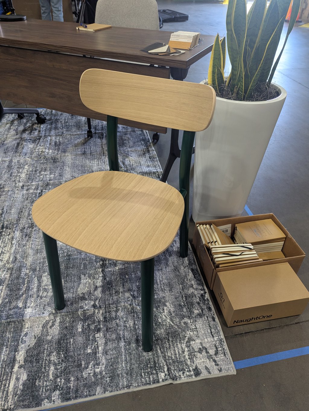 A light wood chair with green metal legs on a patterned rug beside a snake plant and NaughtOne boxes