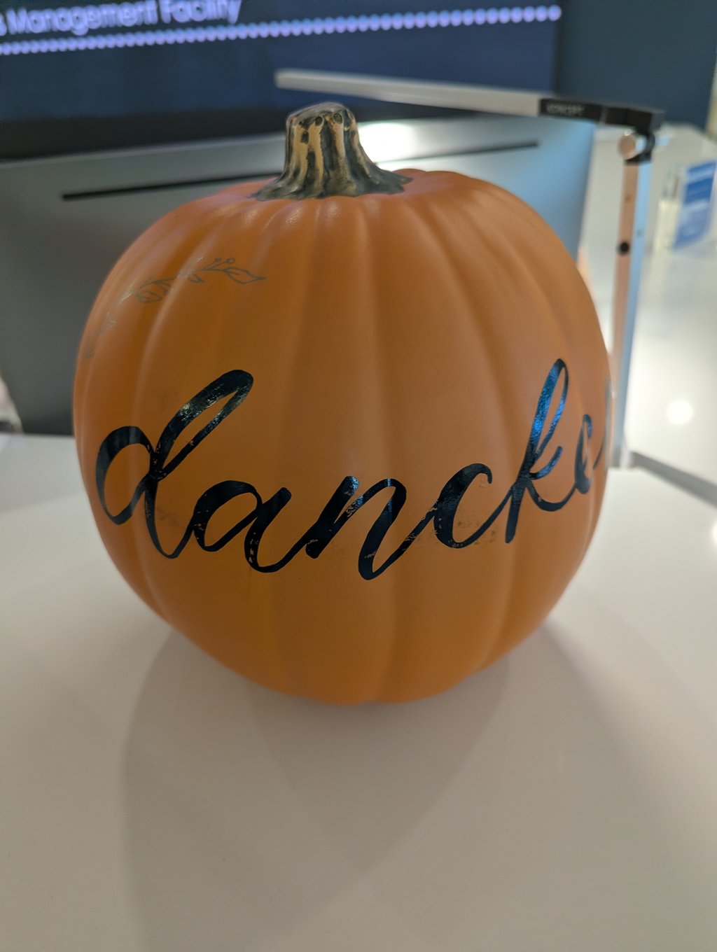 A close view of an orange decorative pumpkin with painted lettering on a white table