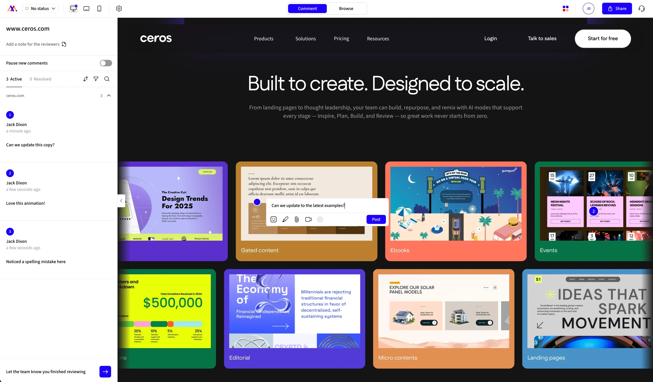 MarkUp review sidebar with threaded comments beside a Ceros landing page being reviewed