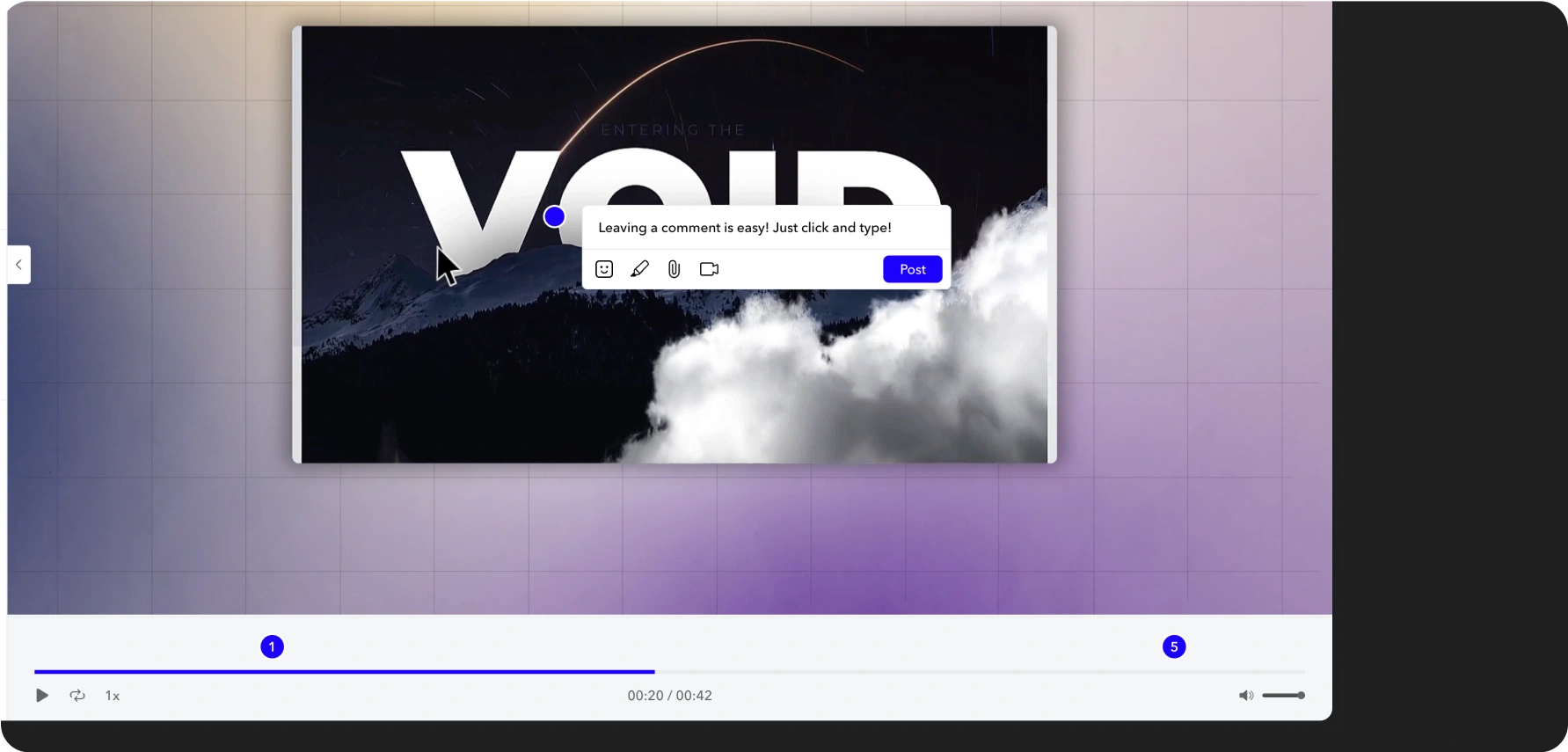 MarkUp video review: a comment box open on a video frame with numbered comment markers on the timeline