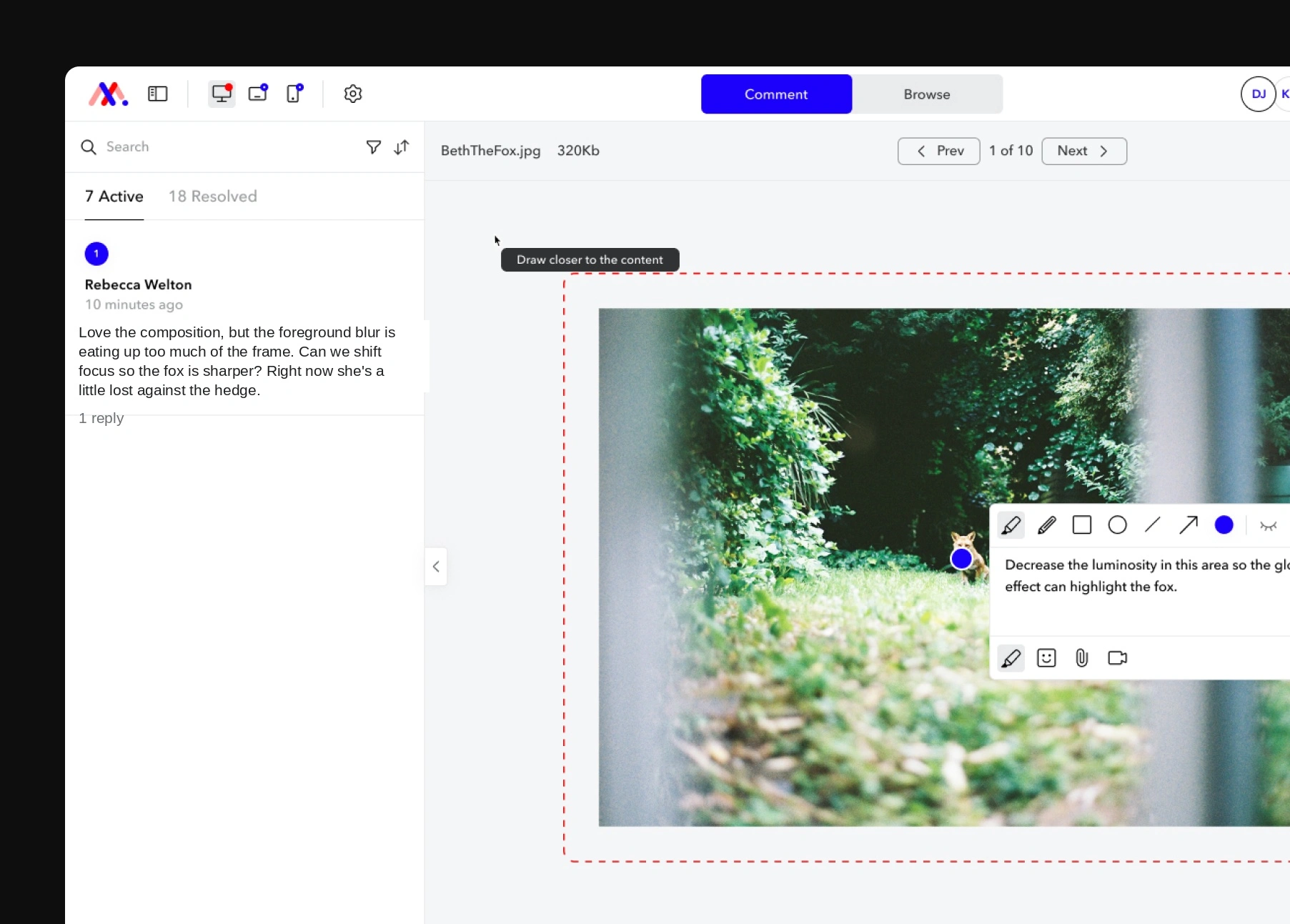 Image review in a design collaboration tool: a photo of a fox in a hedge fills the main canvas with a numbered comment pin on it, an open reply box reading "Decrease the luminosity in this area so the glow effect can highlight the fox", and a left sidebar listing 7 active and 18 resolved comments including feedback from Rebecca Welton about the foreground blur.