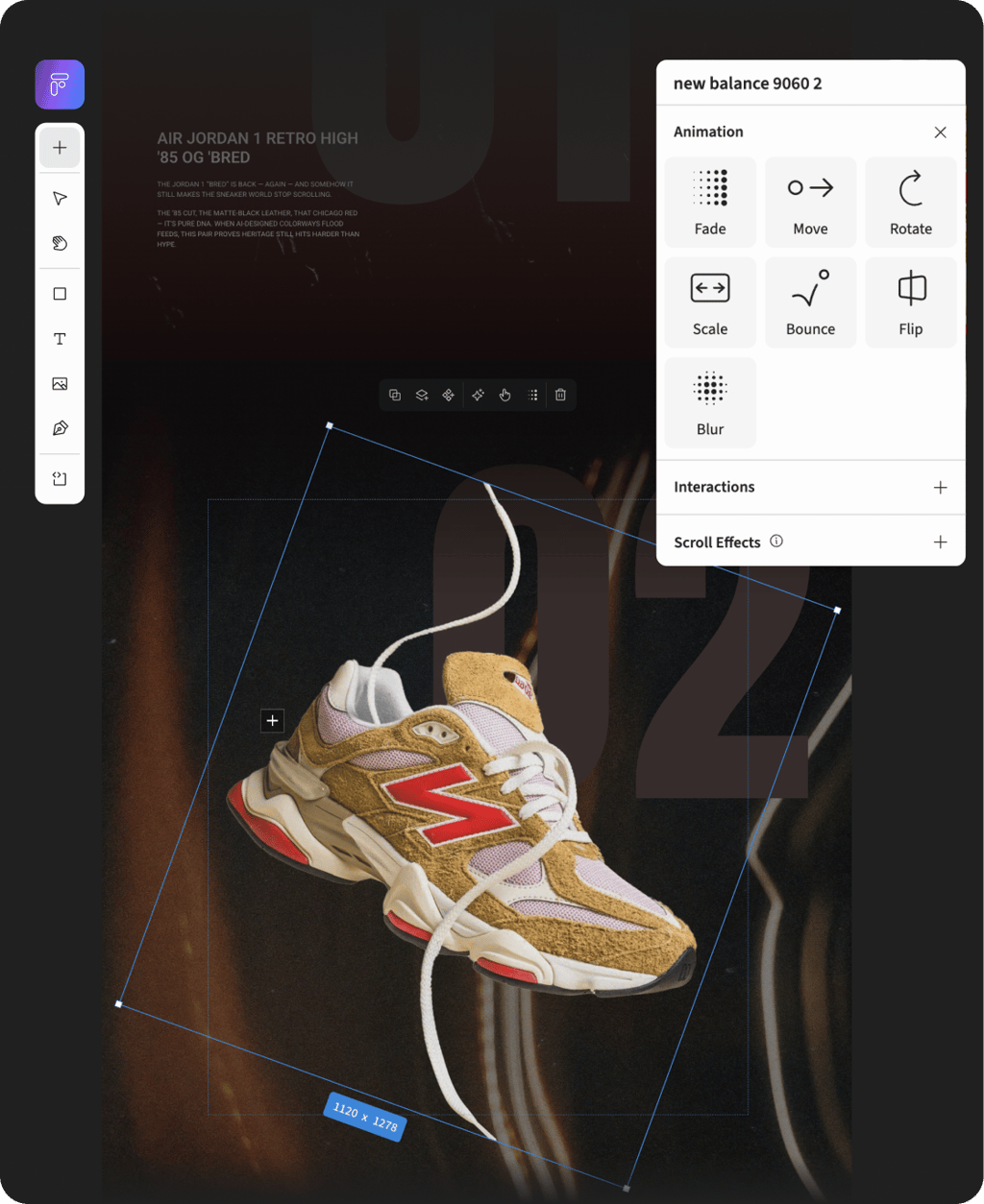 Design editor showing a sneaker with animation controls for Fade, Move, Rotate, Scale, Bounce, and Flip