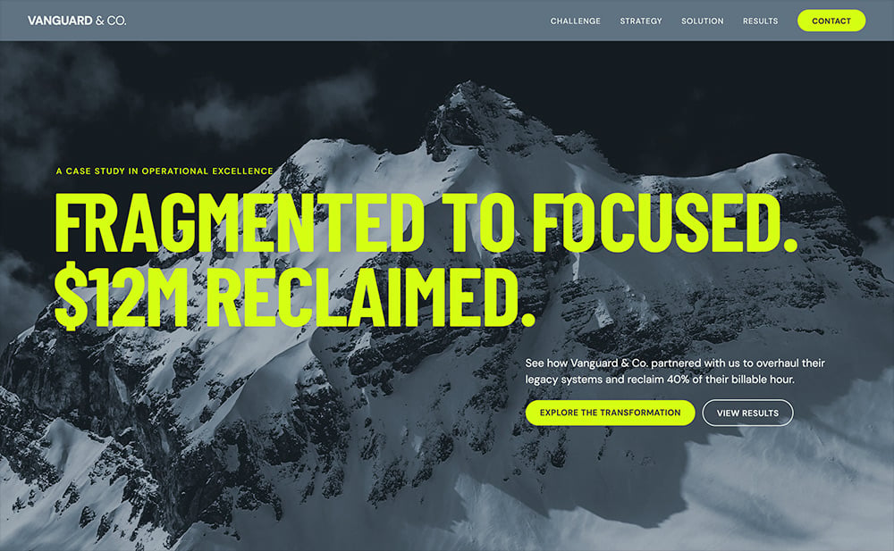 Vanguard & Co. case study hero with snowy mountain backdrop and $12M reclaimed headline