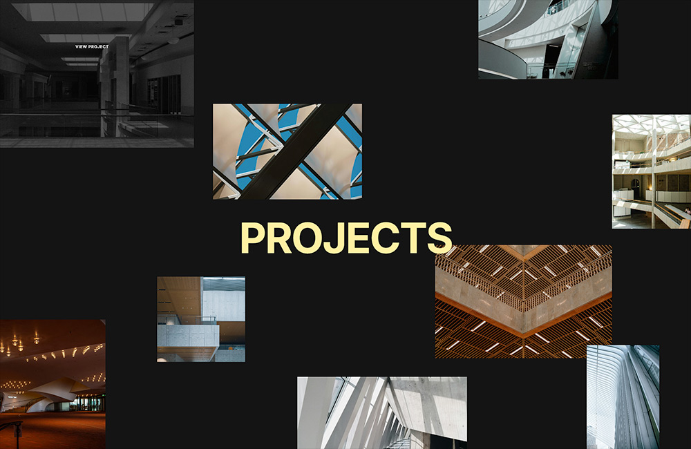 Interactive projects page showcasing architectural portfolio with scattered thumbnail photos