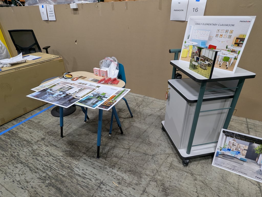 Paragon's early elementary classroom display with sample boards and a rolling cart