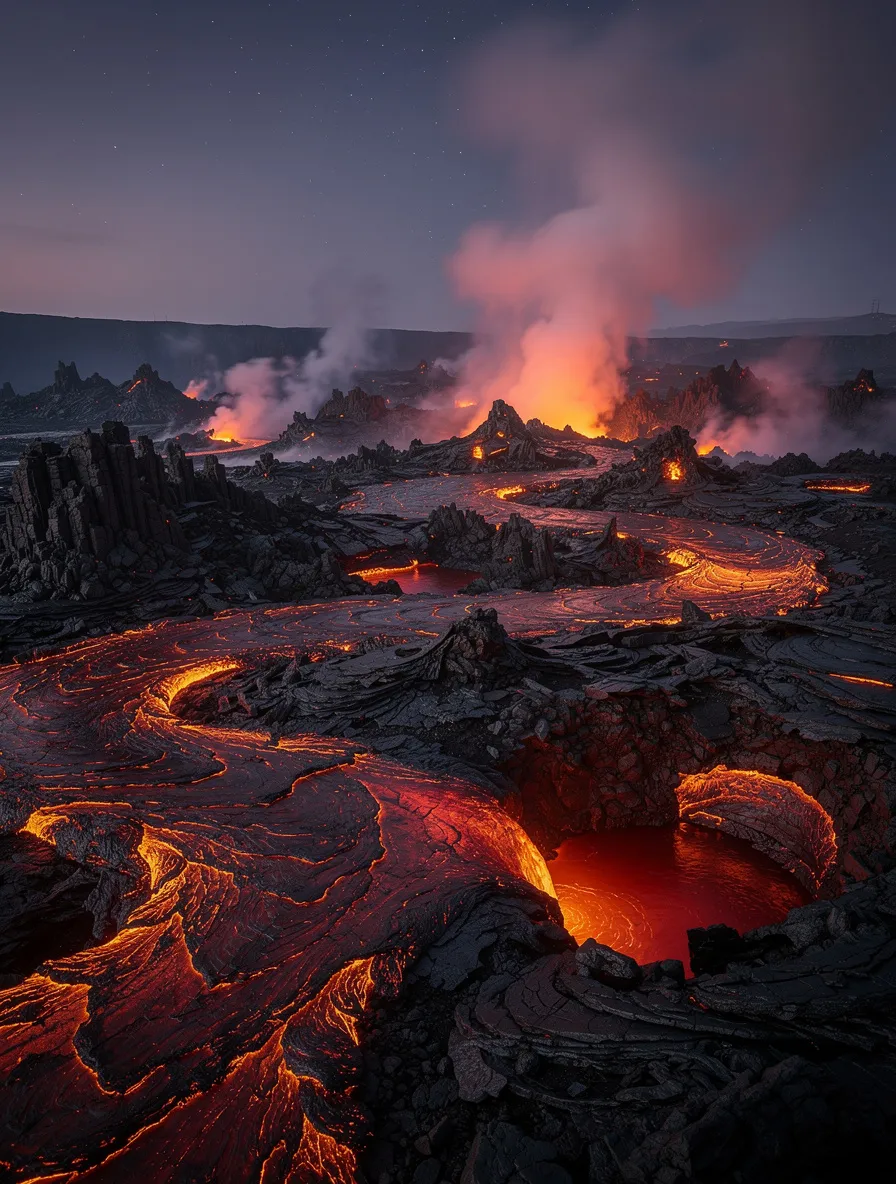 Volcanic landscape at twilight with red and orange molten lava glow