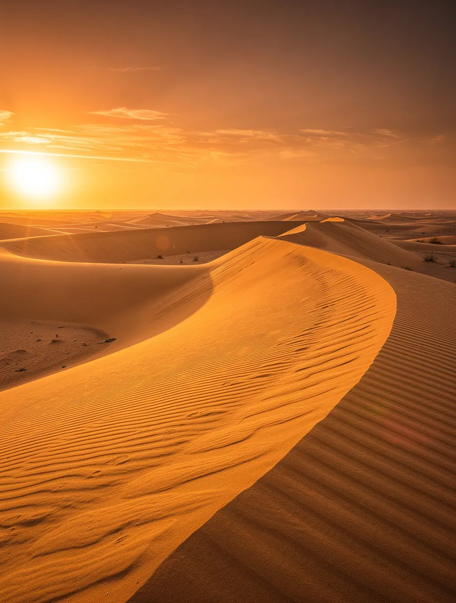 Golden desert sand dunes at sunset with warm orange and amber tones