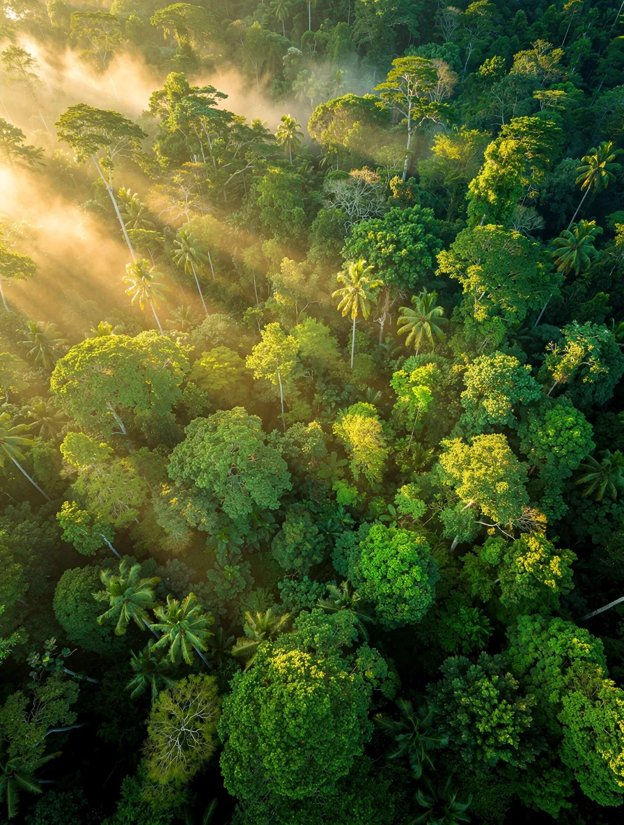 Lush green tropical rainforest canopy with morning mist and golden sunlight