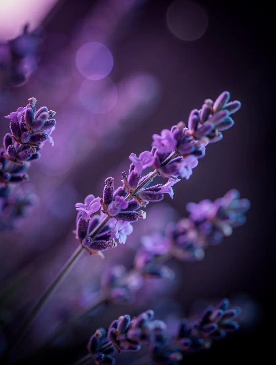 Ethereal purple lavender flowers with soft bokeh light circles