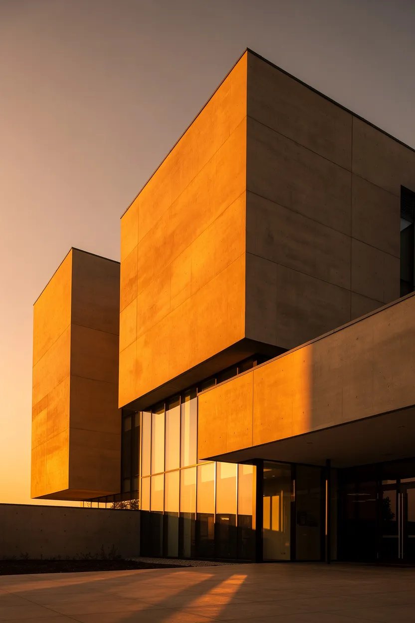 Abstract modern architecture with warm orange golden hour light