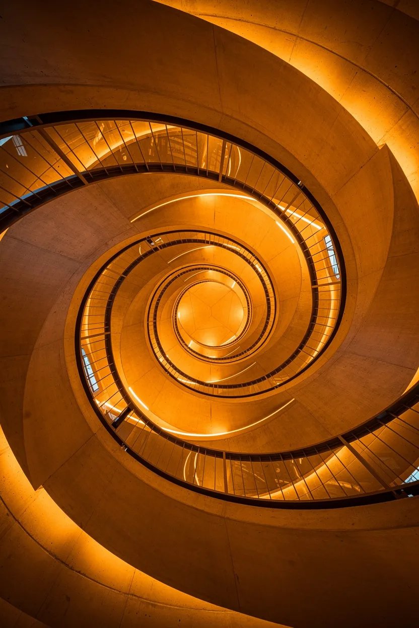 Abstract spiral staircase in warm golden orange tones
