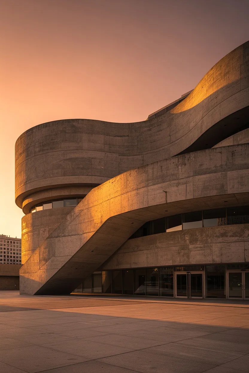 Brutalist concrete building with warm amber sunset tones