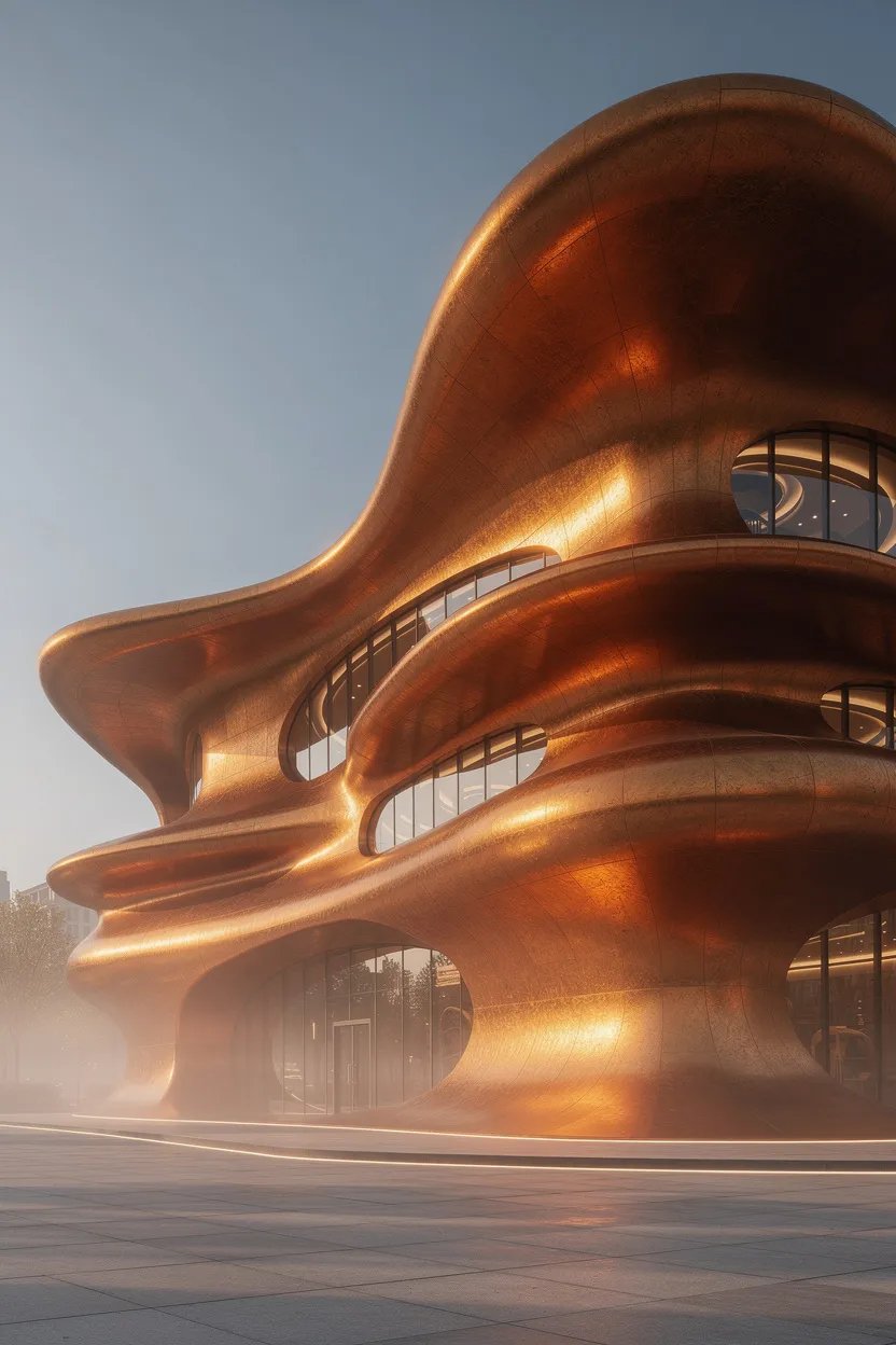 Surreal architecture with warm copper and amber tones