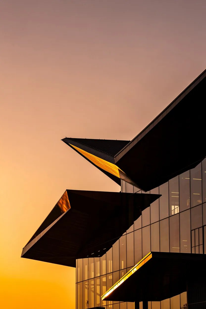 Modern abstract building with warm sunset orange glow