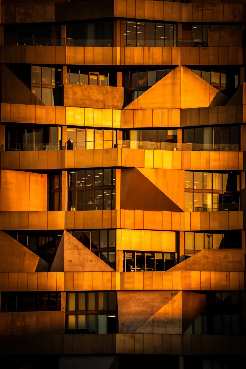 Abstract geometric building facade with warm golden light