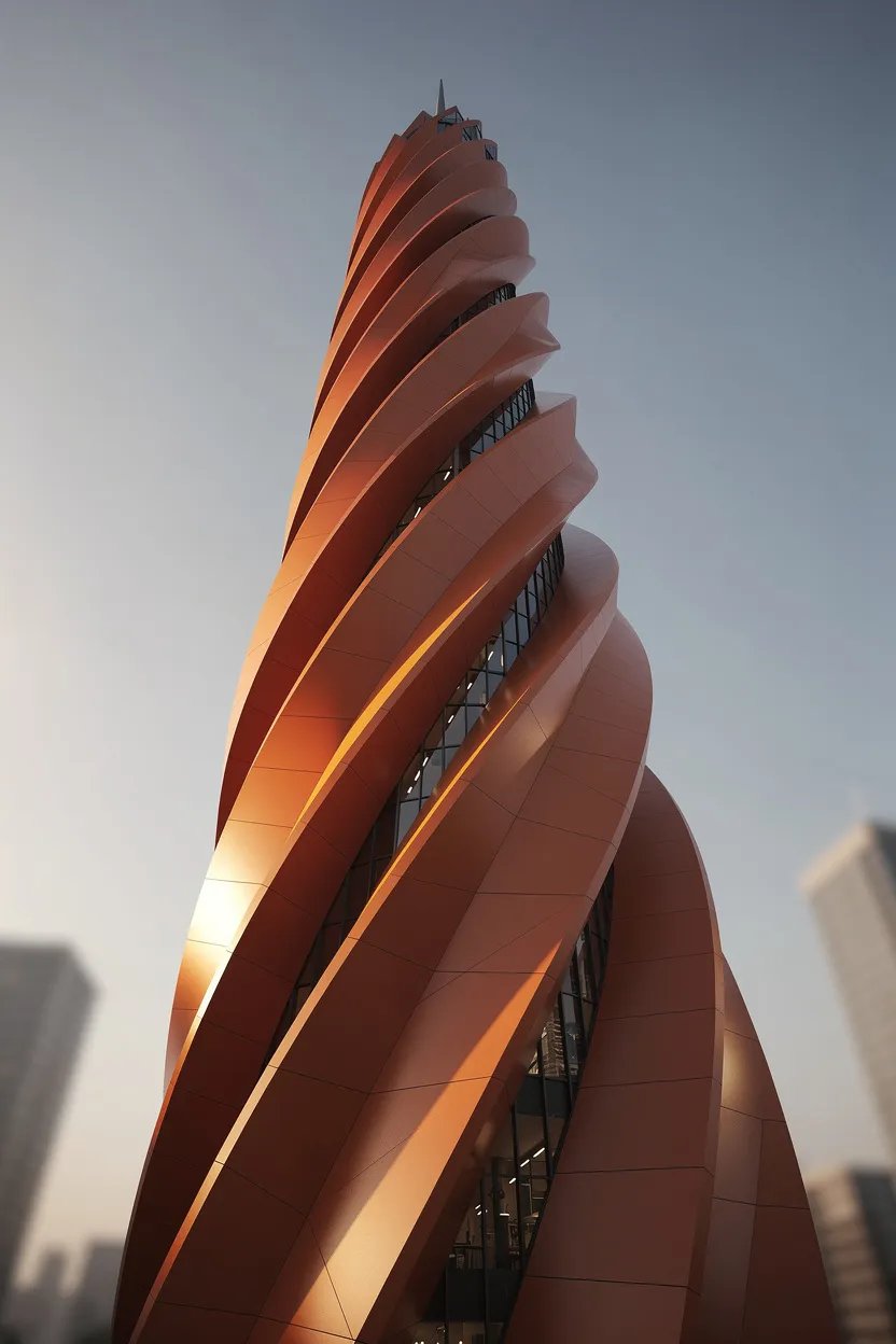 Futuristic twisted skyscraper in warm terracotta tones