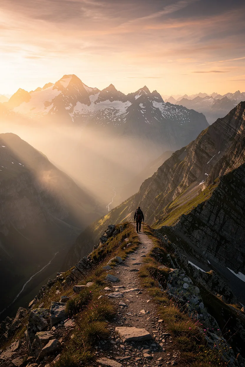 Mountain trail at golden hour with hiker on alpine ridge