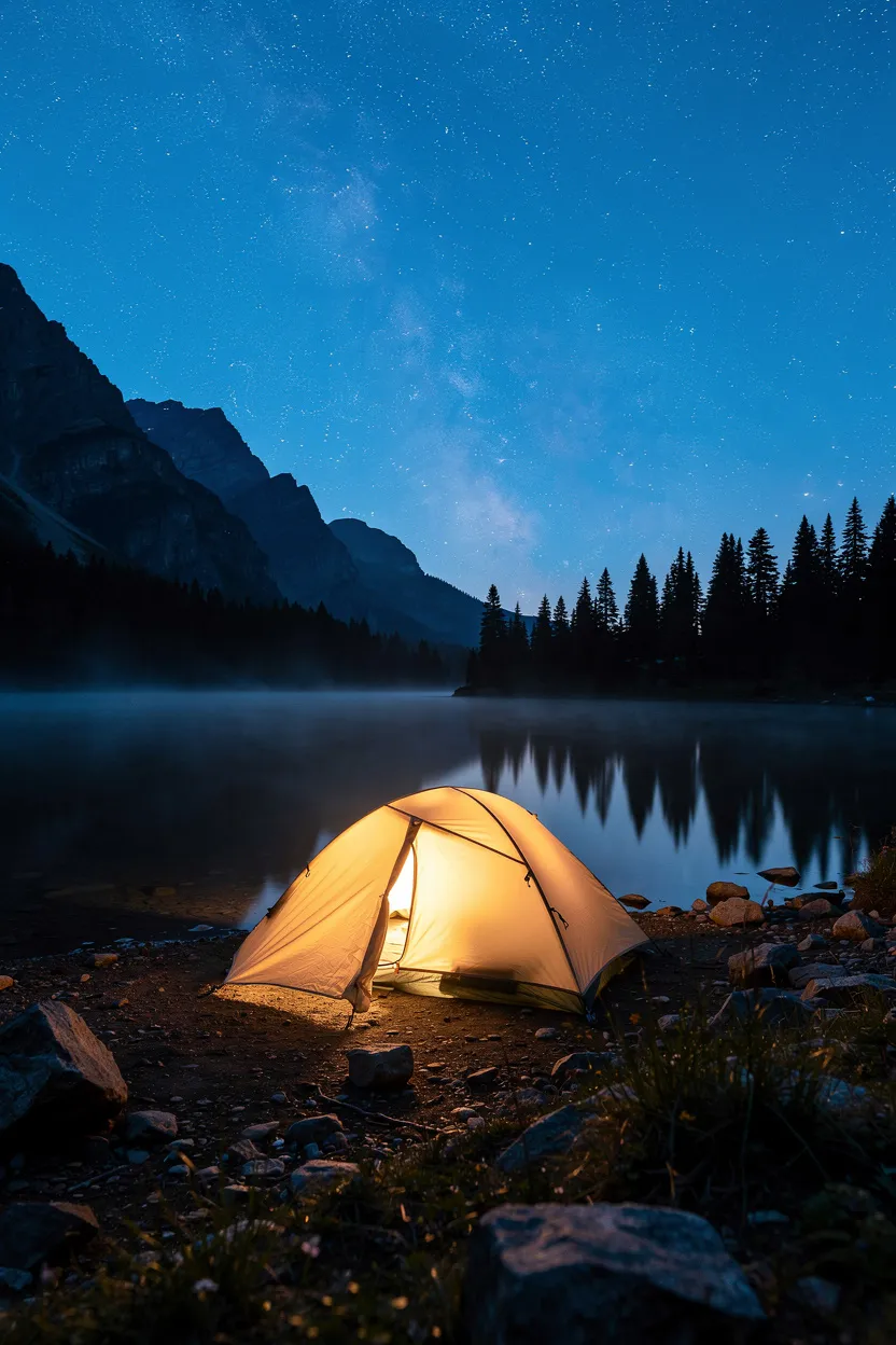 Wild camping at twilight beside mountain lake under starry sky