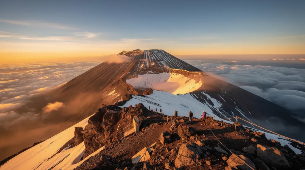 Mount Kilimanjaro summit at sunrise above clouds
