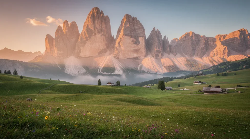 Italian Dolomites limestone spires at golden hour