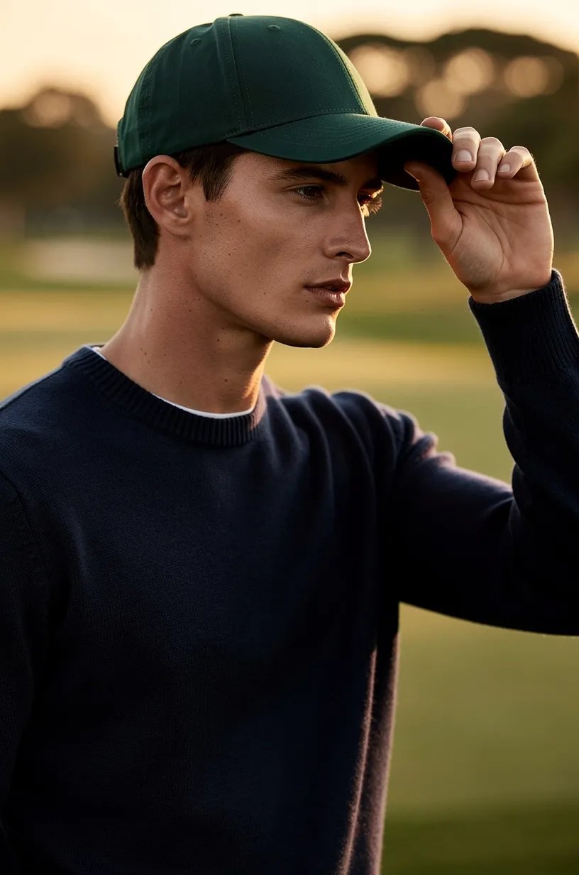 Stylish golfer portrait adjusting cap