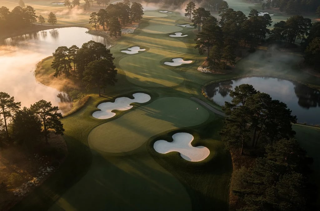 Aerial view of golf course at dawn