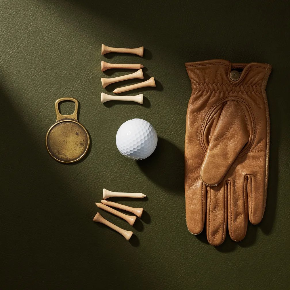 Premium golf accessories flat lay