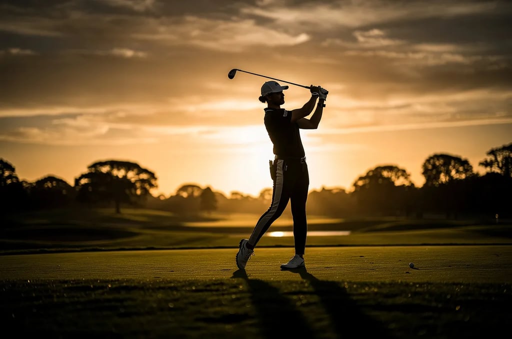 Golfer silhouette at sunset mid-swing