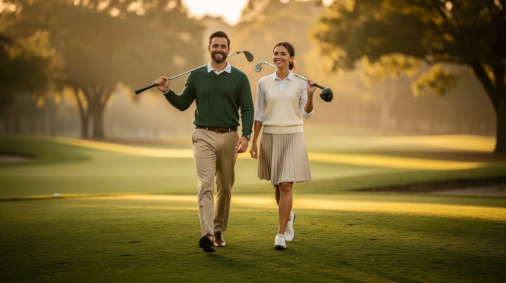 Two elegantly dressed golfers walking on a pristine golf course at golden hour