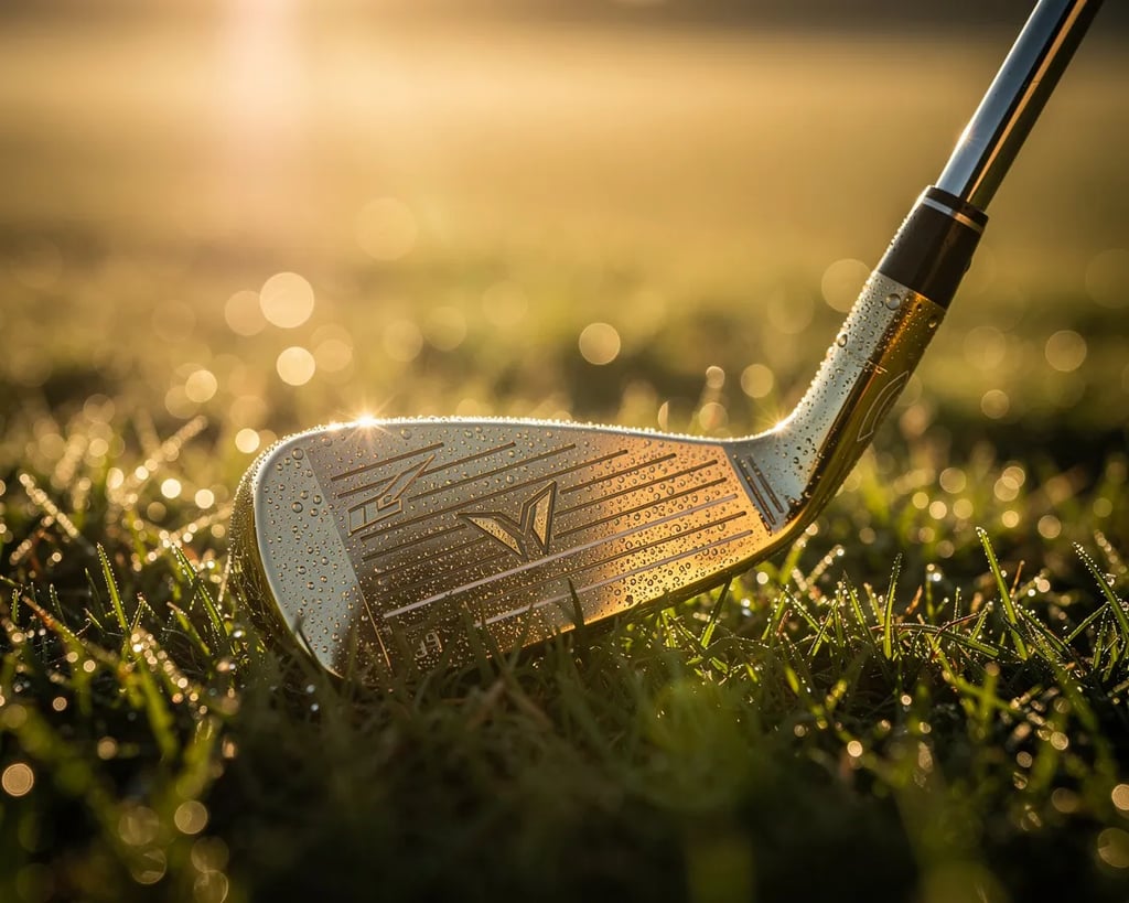 Golf club on dewy morning grass close-up