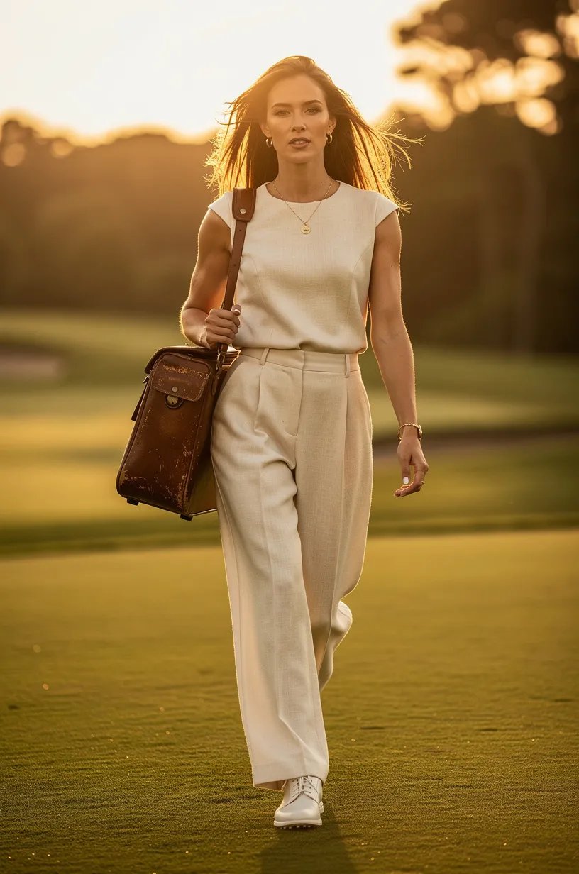 Woman golfer in elegant cream outfit