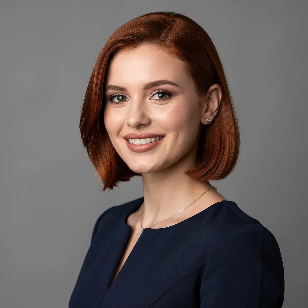 Professional headshot of a woman in a navy dress