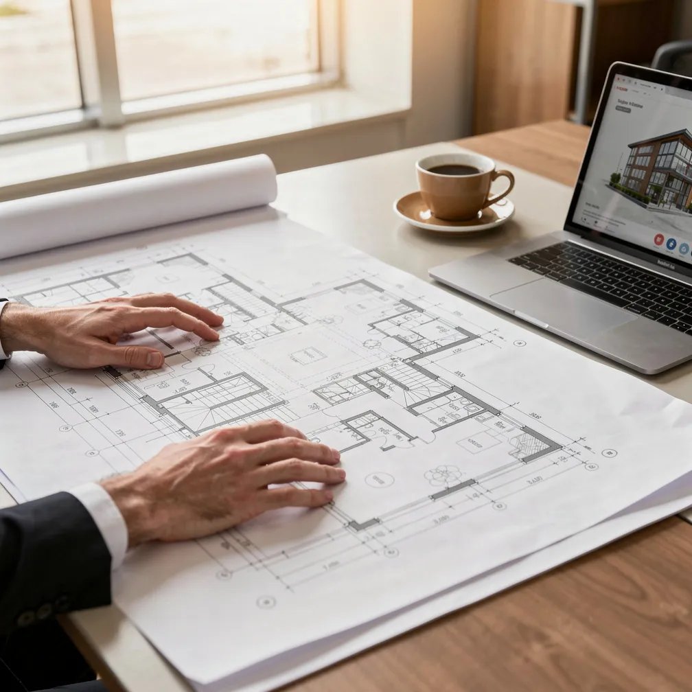 Real estate professional reviewing building blueprints