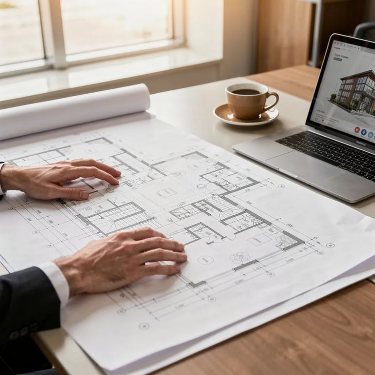Real estate professional reviewing building blueprints
