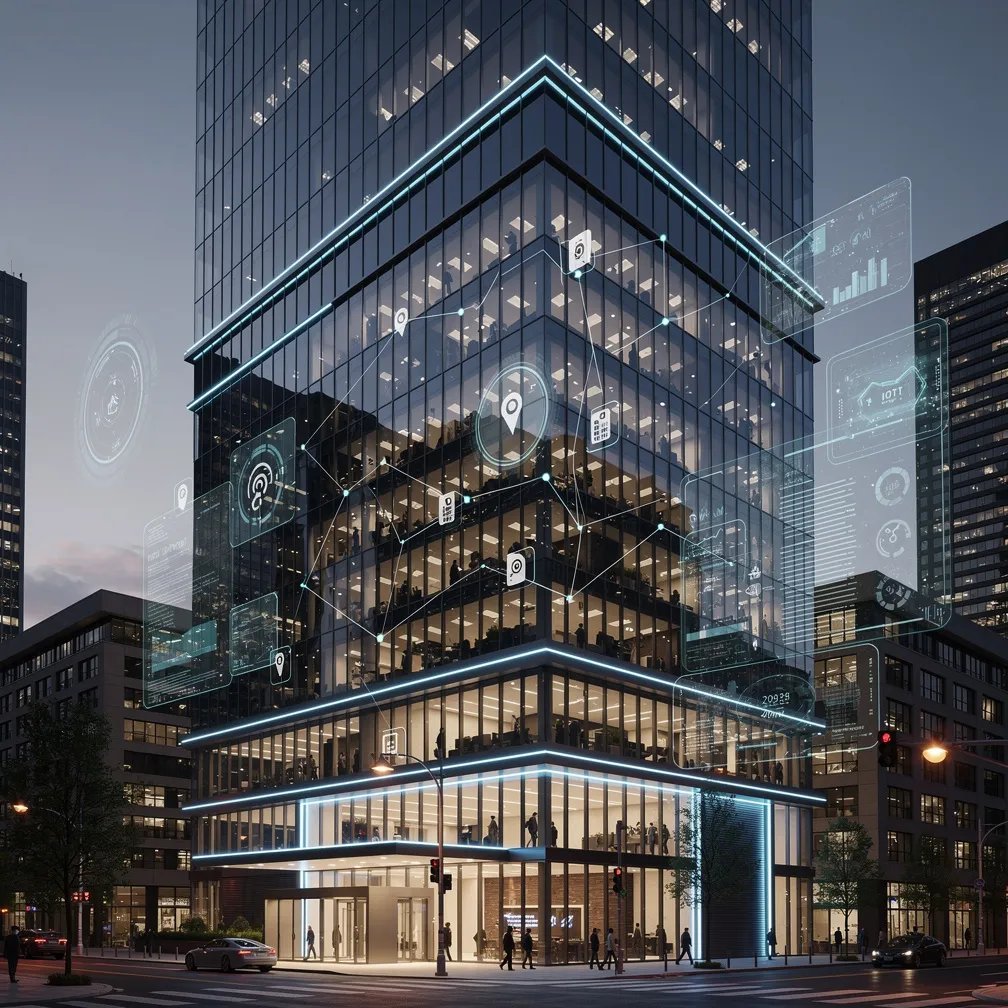 Smart building technology on a modern glass office tower