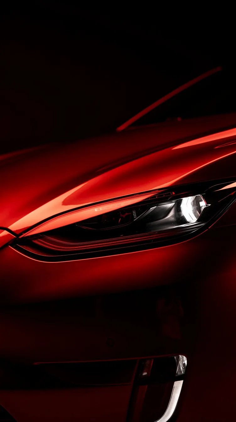 Dramatic EV headlight close-up with red wash