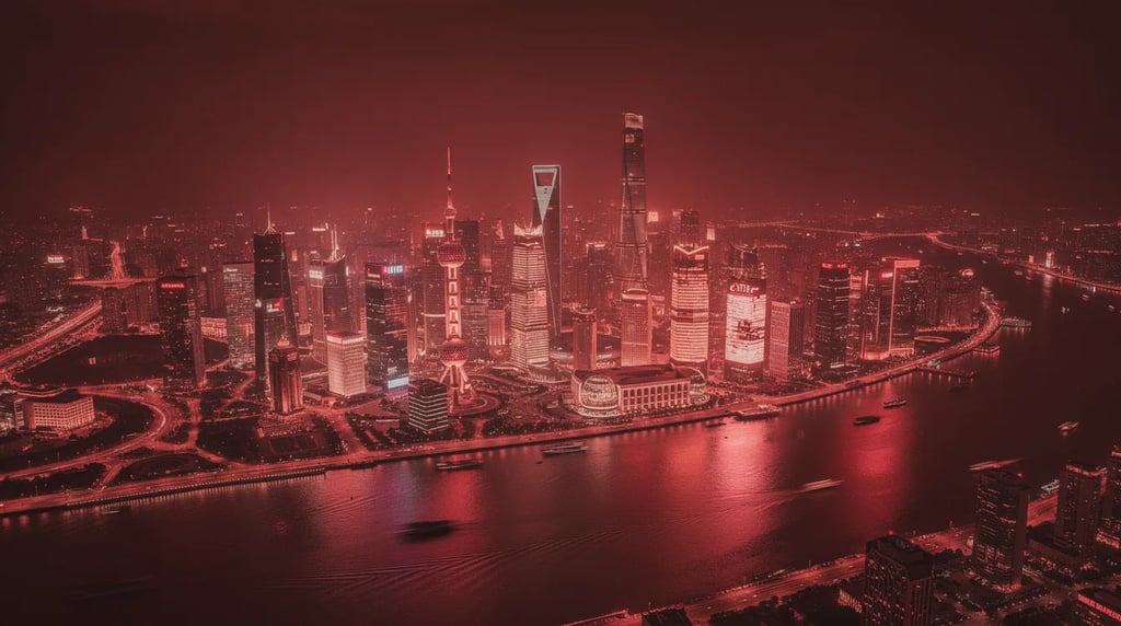 Aerial Shanghai skyline at night with red wash