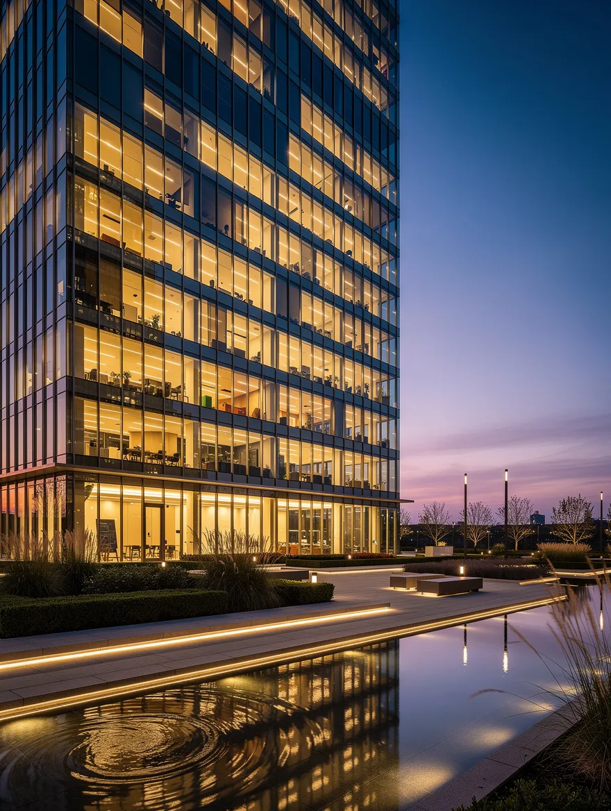 Luxury glass office tower at twilight with reflecting pool