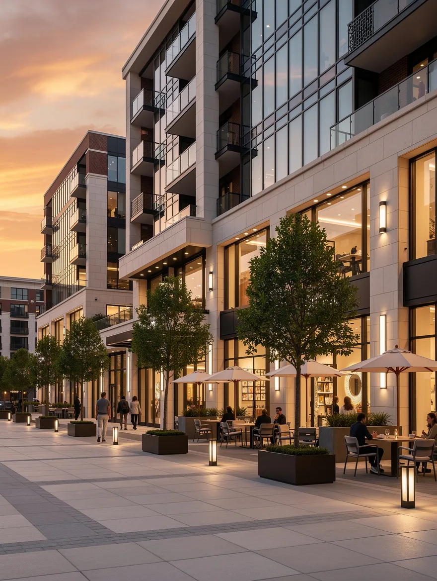 Upscale mixed-use retail development at golden hour