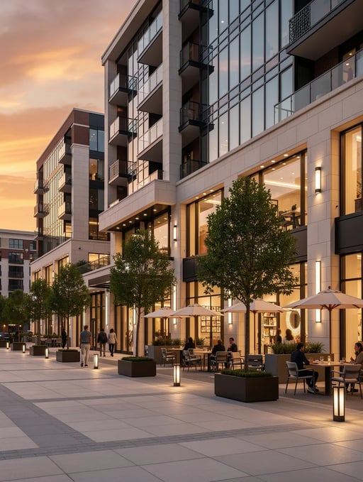Upscale mixed-use retail development at golden hour