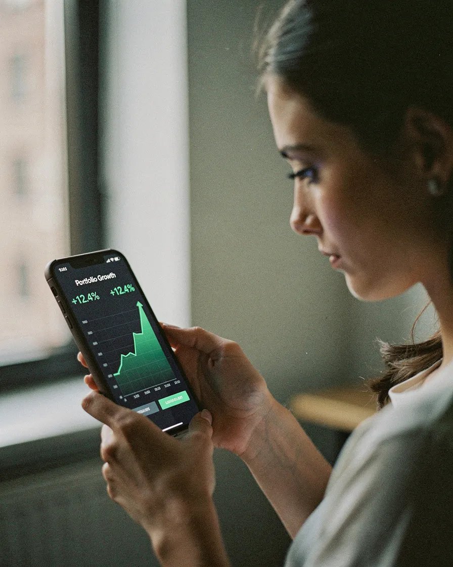 Woman viewing growth chart on smartphone