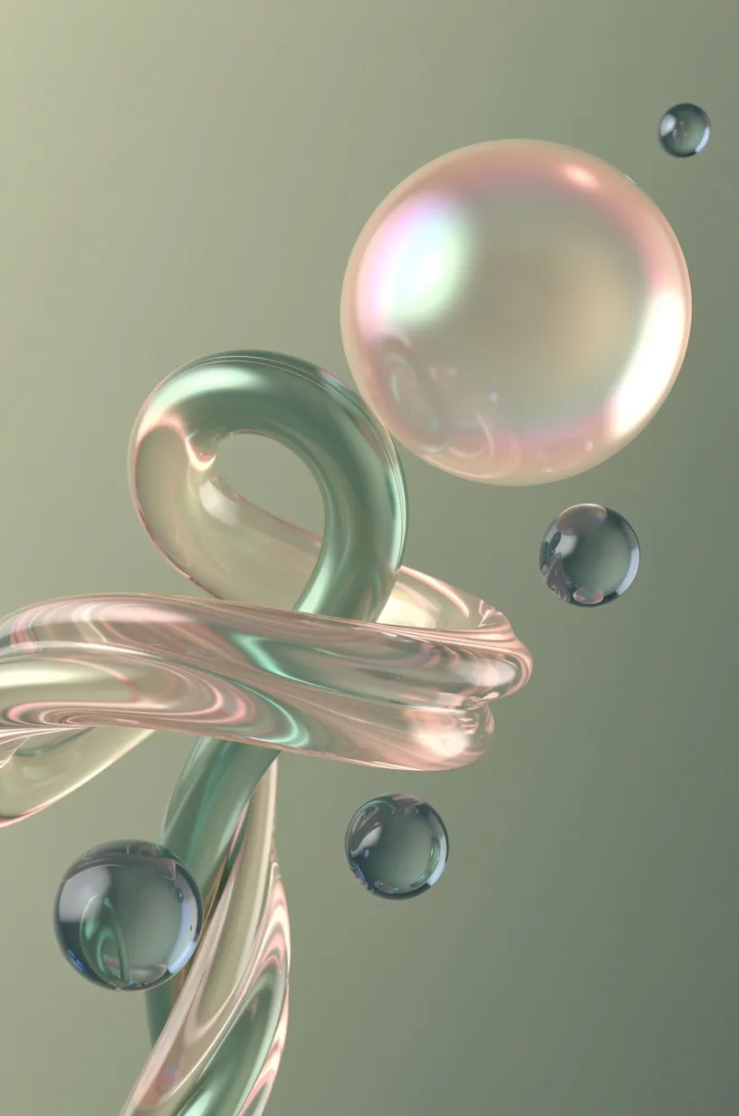 Iridescent 3D glass spheres and twisted tubes floating on sage green gradient